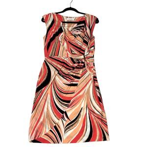 Calvin Klein Dress Faux Wrap Cowl‎ Neck Peach Coral Black Print Women Small Work